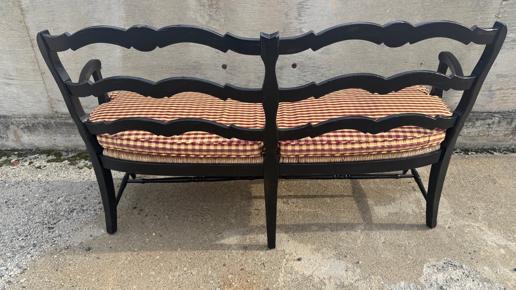Fremarc Attributed Custom French Provincial Black Ladder-Back Rush Seat Settee - 10