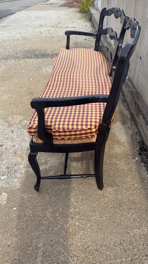 Fremarc Attributed Custom French Provincial Black Ladder-Back Rush Seat Settee - 2