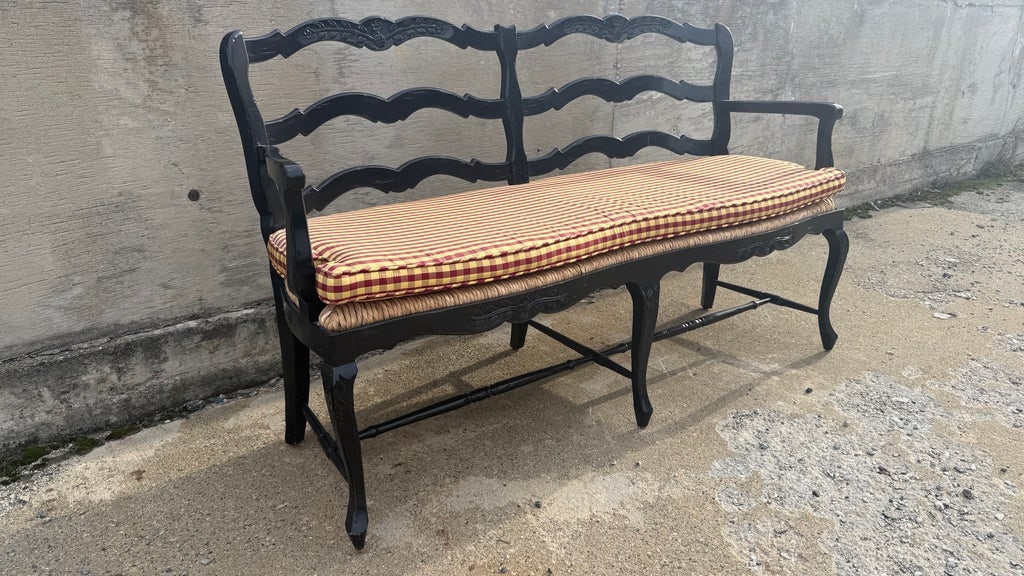 Fremarc Attributed Custom French Provincial Black Ladder-Back Rush Seat Settee - 3
