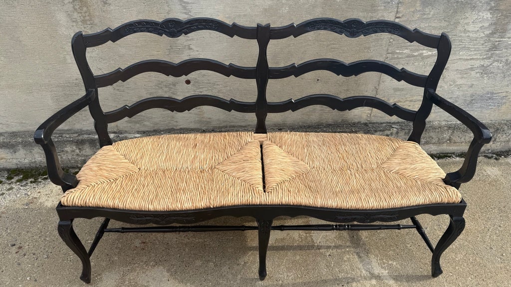 Fremarc Attributed Custom French Provincial Black Ladder-Back Rush Seat Settee - 4