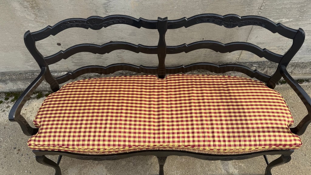 Fremarc Attributed Custom French Provincial Black Ladder-Back Rush Seat Settee - 5