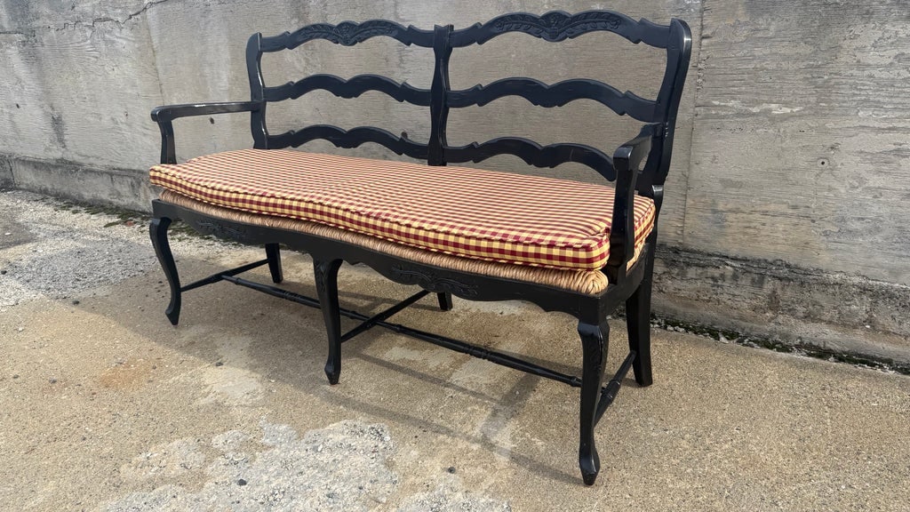 Fremarc Attributed Custom French Provincial Black Ladder-Back Rush Seat Settee - 7