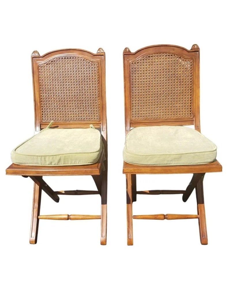 Solid Cherry and Cane Seat and Back Folding Chairs With Cushions, a Pair - 2