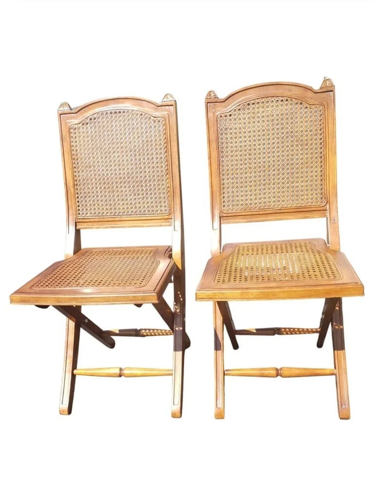 Solid Cherry and Cane Seat and Back Folding Chairs With Cushions, a Pair - 3