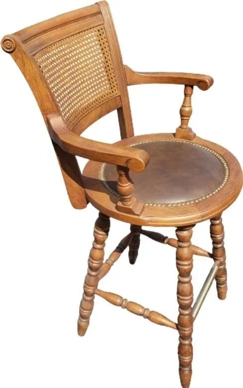 1970s Vintage Full Grain Leather and Caning Swivel Oak Bar Stools - a Pair - 2