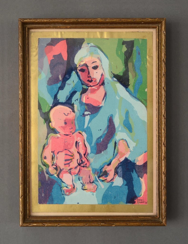 1950s Modernist Abstract Madonna and Child Painting by Vivian Guedel, Framed - 7