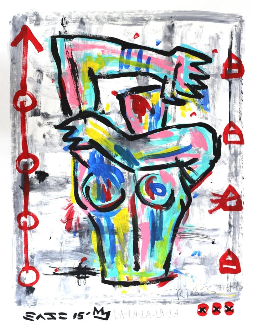 Bright Escape - Original Cubism Artwork Colorful Abstract Figurative Acrylic Painting by Gary John: Gary John's pop-street artworks have a whimsical, yet exciting and bold quality inspired by classic cartoon and comic book characters. Blending pop sensibilities with a roughened faux-naif street appe