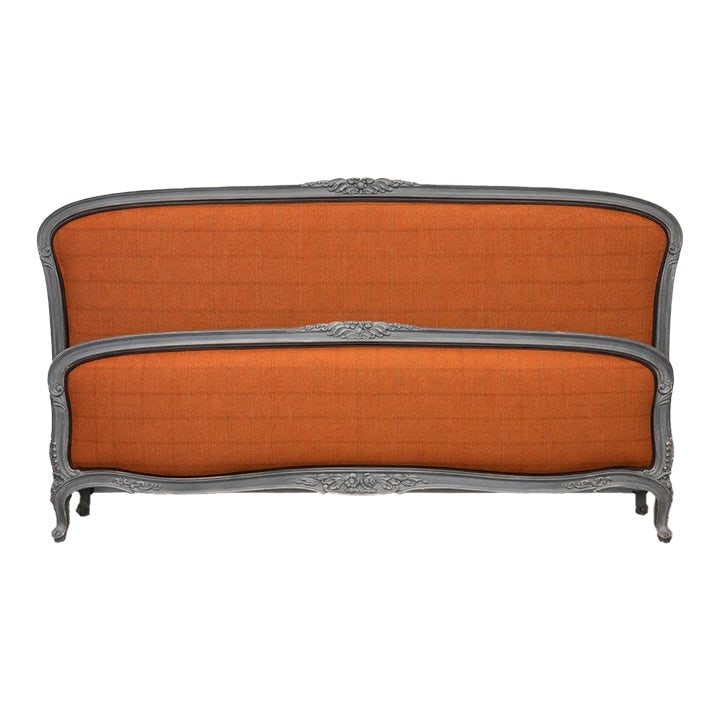 Late 20th Century French Louis XV-Style Upholstered Bed Frame in Blue-Gray With Burnt Orange Plaid +: Striking French Louis XV-style King bed featuring a beautifully carved wood frame in a distressed blue-gray finish with classic Rococo detailing. Both the headboard and footboard are upholstered in a 