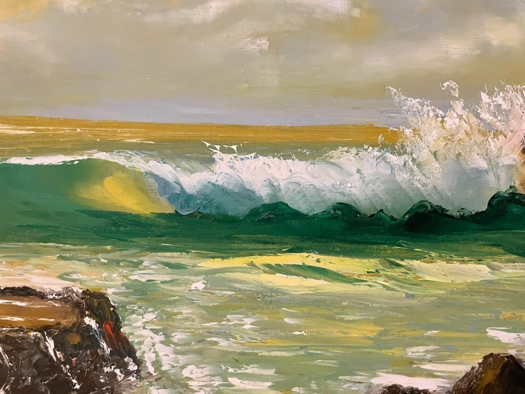 Mid 20th Century "Ocean Breaking Against Rocks" Original Oil Painting Signed Tam Dubin, Framed - 4