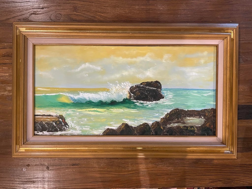 Mid 20th Century "Ocean Breaking Against Rocks" Original Oil Painting Signed Tam Dubin, Framed - 7