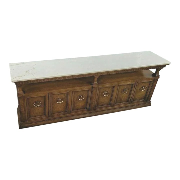 Mid-Century Modern Sideboard With Marble Top Floating Top Buffett Perfect Height for Large Screen Tv: Very Rare Diminutive Weiman Marble Top Sideboard from the 1960's or 1970's. Both the Cabinet and the Marble Top are Signed! The marble is from Portugal...see photos. The size of this is what really