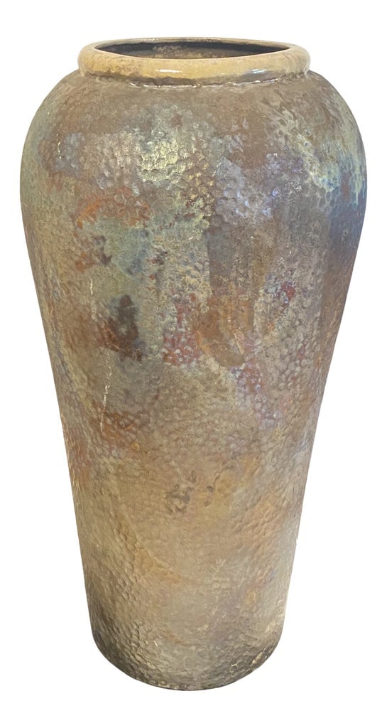 Momumental Large Tony Evans Vase: Measuring at 24" tall this is the largest of his work I've ever seen. Fantastic iridescent glaze seamlessly transitions over a hammered surface. Raku firing. Excellent large example of his work. Condi