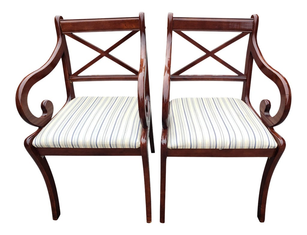 1980s Vintage Regency Mahogany Upholstered Arm Chairs - a Pair: A pair of Regency style armchairs in mahogany. Lacquered finish. Upholstered seat. Finish in still in very good condition. Frame Joins were reinforced under the seats and two joins appear to have