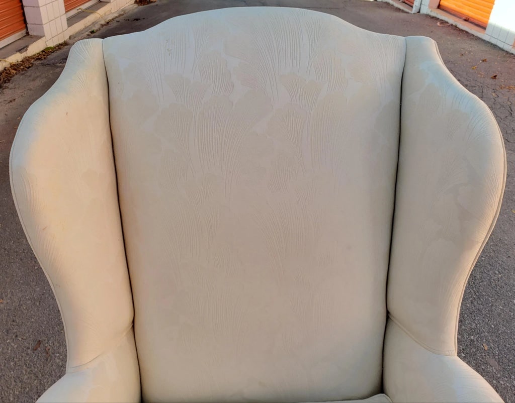 1970s Queen Anne Style Wing-Back Chairs in a Cream Swiss Floral Fabric - a Pair - 8