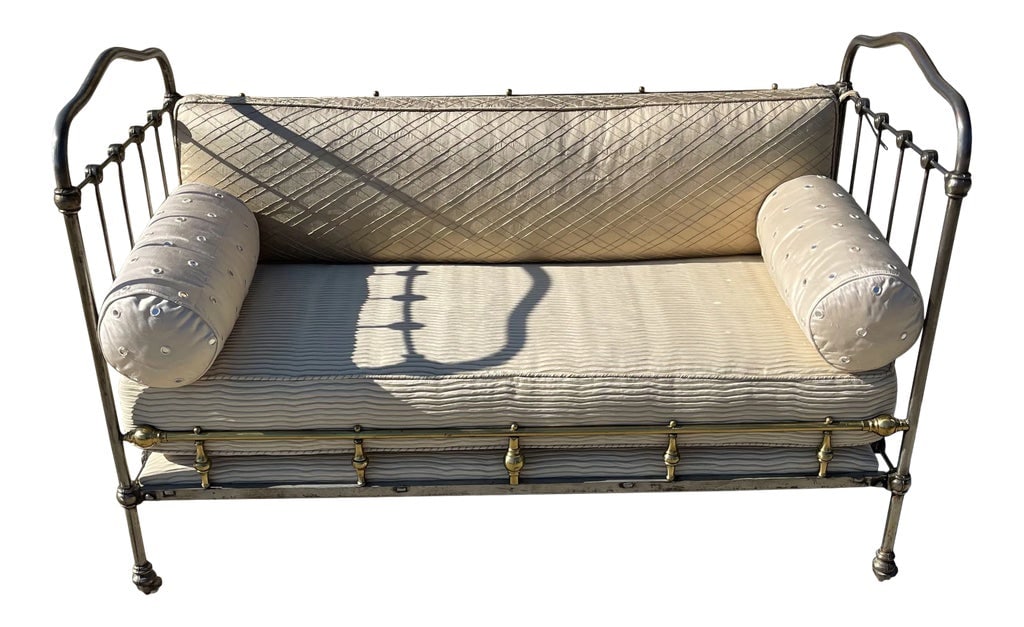 Vintage Victorian Cast Iron Daybed: Beautiful Victorian cast iron custom made bench. Bench was professionally made out of a baby bed with custom made cushions. Very unique piece that would stand out! Condition: Alterations: Original Des