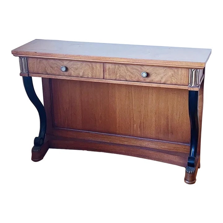 Mid-Century Neoclassical Revival Console Table in Burled Wood, Black Enamel and Brass Detail: Mid-Century Neoclassical Revival Console Table in Burled Wood, Black Enamel and Brass Detail Wonderfully constructed Traditional Biedermeier Style console table by Mount Airy Furniture Company of