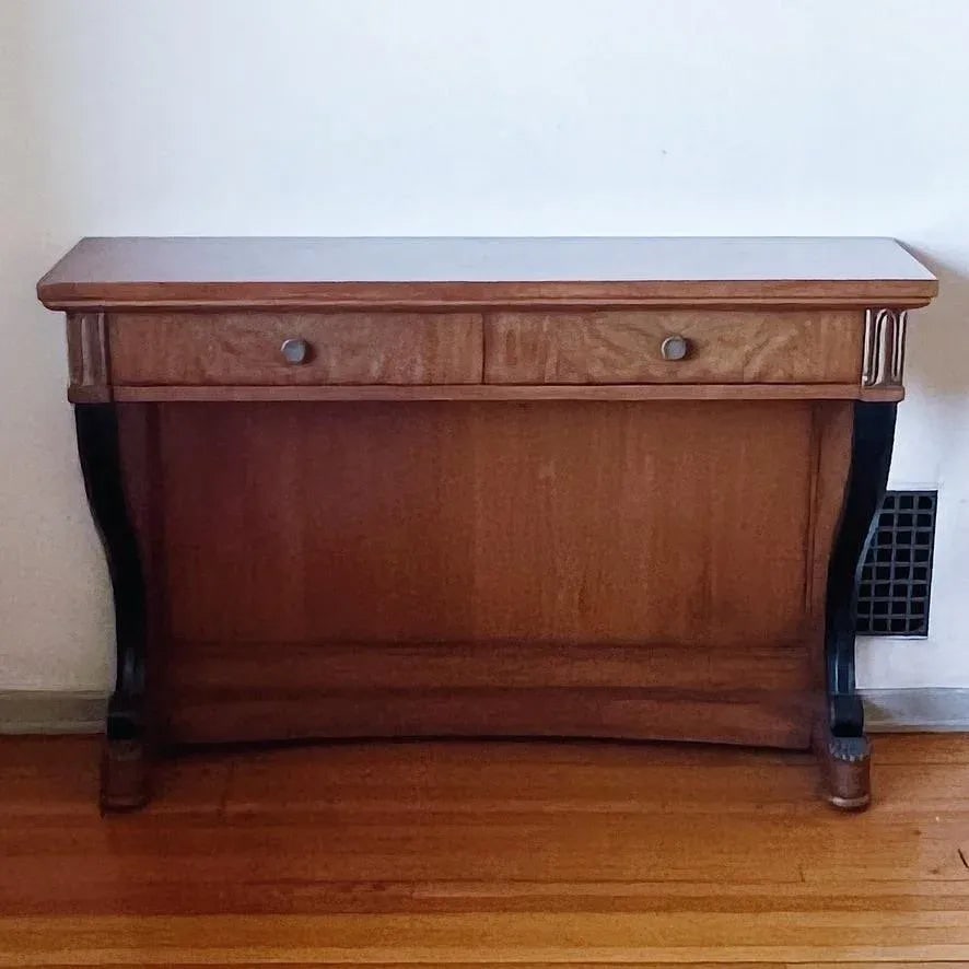 Mid-Century Neoclassical Revival Console Table in Burled Wood, Black Enamel and Brass Detail - 2