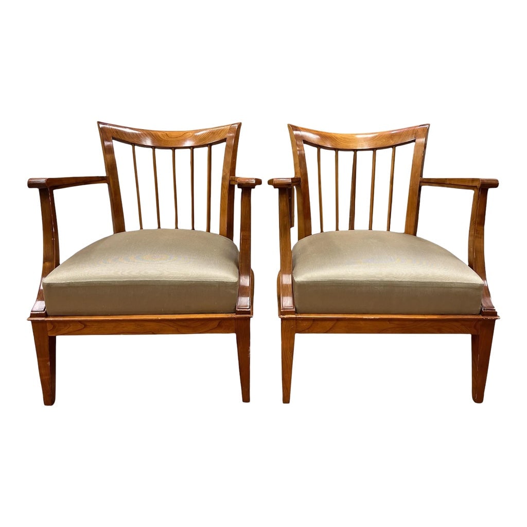 1950s Mid Century, French Walnut Armchairs, a Pair: Pair of 1950s French walnut armchairs with upholstered seats, this set of stunning mid century French walnut armchairs will compliment your mid-century style. The sleek frame and clean lines add