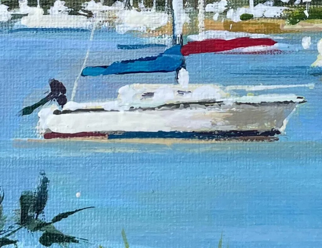 "Moored Sailboats in the Cove" Contemporary Original Beach Scene Acrylic Painting by Scott Hewett, F - 3