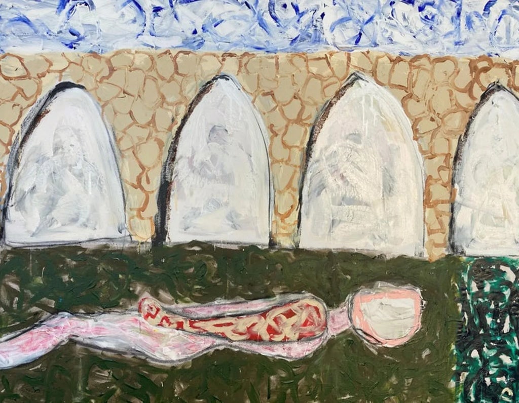 "Still, Waiting" Contemporary Original Abstract Figurative Mixed-Media Painting by G. Campbell Lyman: Artist's statement: "Though I am an abstract painter by tradition, I painted this somewhat figurative painting to express the feeling I have developed over the past couple of years (related to Covid i