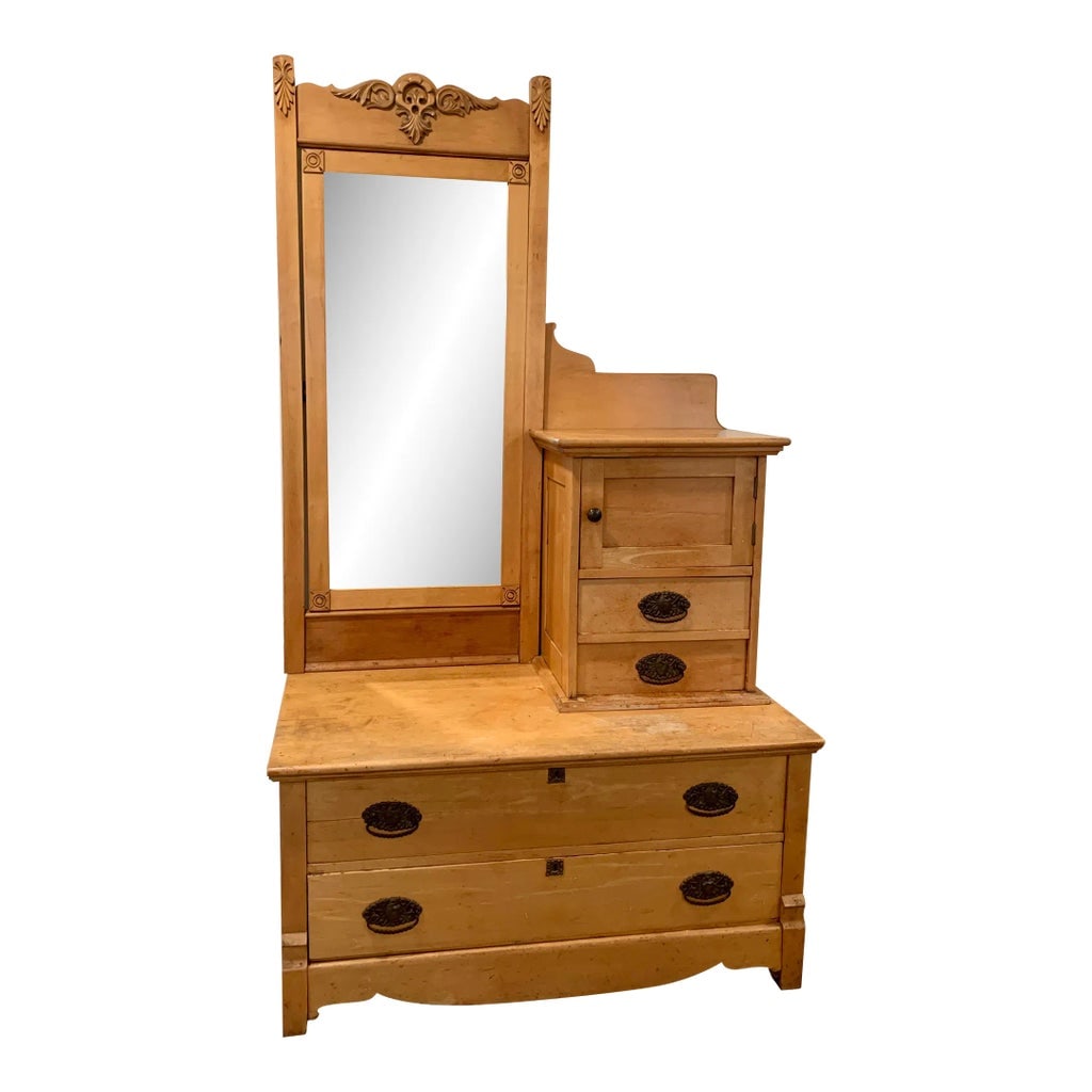 Maple Dresser With Mirror: Antique maple dresser with long dressing mirror. Perfect for an entryway or bedroom- wherever you're putting the finishing touches on your outfit. Hand-carved wood with original hardware and glass. Tw