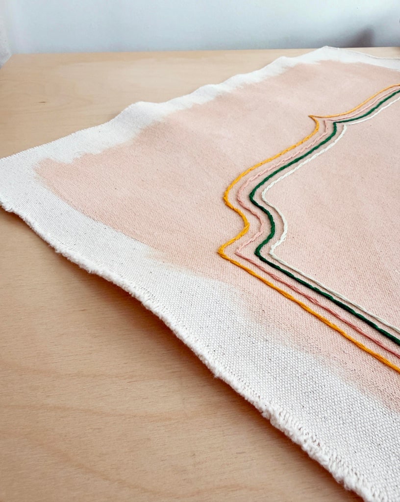 Original Painting | Minimalist Colorful Peach Painting With Embroidery by Emily Keating Snyder, 16 X - 2