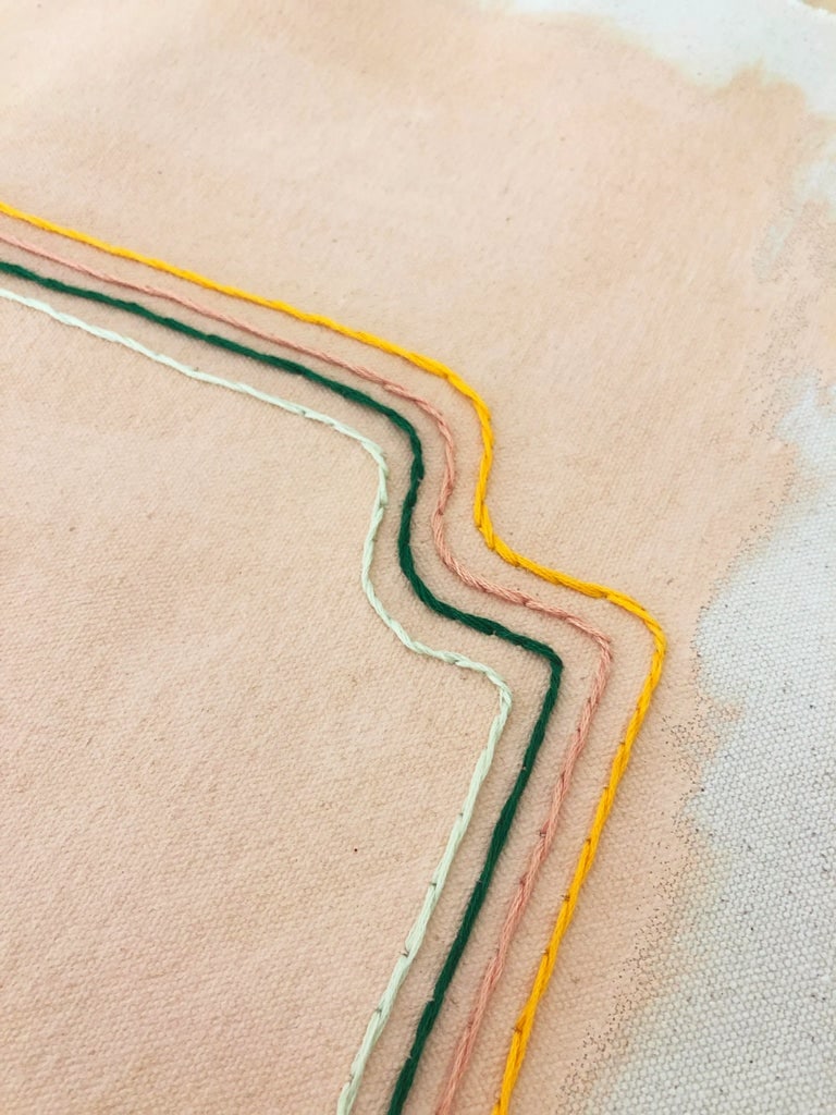 Original Painting | Minimalist Colorful Peach Painting With Embroidery by Emily Keating Snyder, 16 X - 3