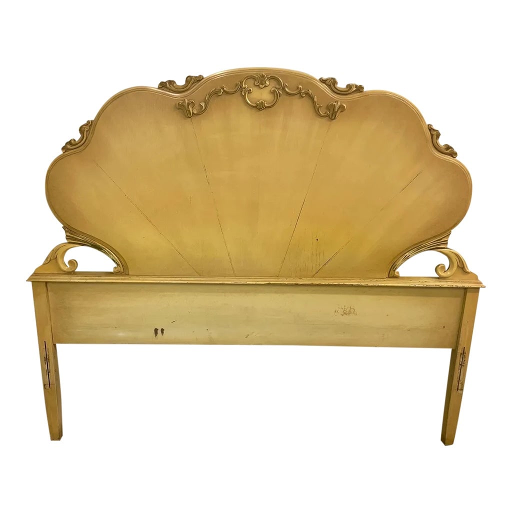 1940s Full Size Vintage Gilt Wood Clam Shell Headboard: This is a totally unique vintage solid wood and gilt headboard. It is a clam shell design with what looks like waves underneath. There are subtle lines that define the shell but the gold has worn away