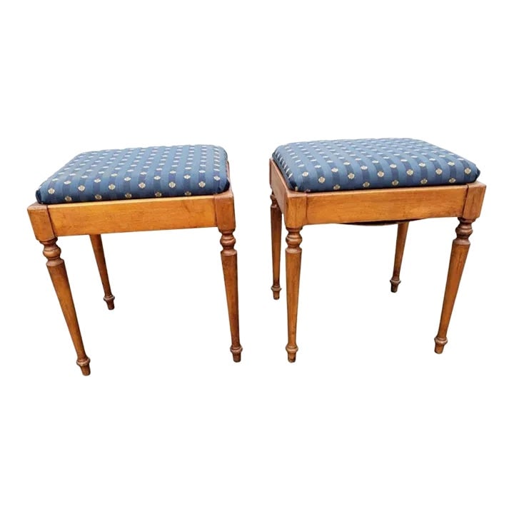 Pair of 1970s Maple and Upholstered Stools With Storage: A pair of 1970s Maple and Upholstered Stools with Storage in good vintage condition. Measure 17" in width, 15" in depth and stands 20" tall. Condition: Alterations: Original Condition Unaltered Imperf