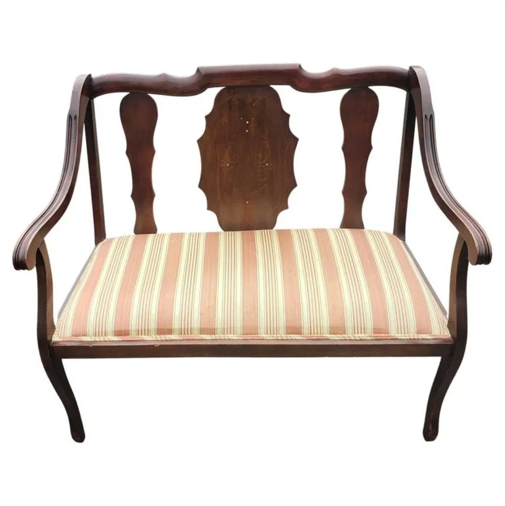 American Classical Style Mahogany and Stripe Upholstered Loveseat Bench - 2
