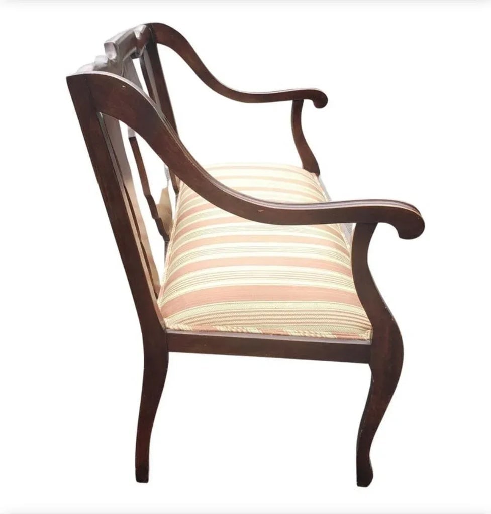 American Classical Style Mahogany and Stripe Upholstered Loveseat Bench - 7