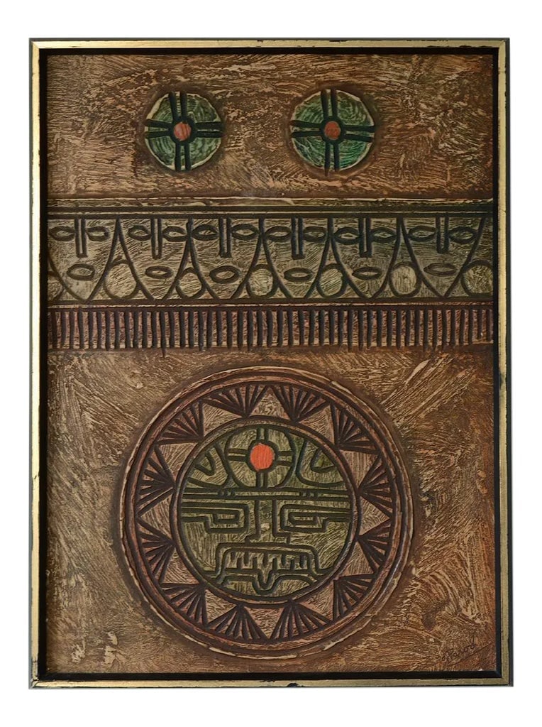 Mid-Century Primitive Faux Wood Carving Wallhanging: A really stunning and quite rare wallhanging with striking primitive art that recalls the Mesoamerican cultures of Mexico and Central America (Aztec, Maya & Inca). Made of some type of resin/plastic