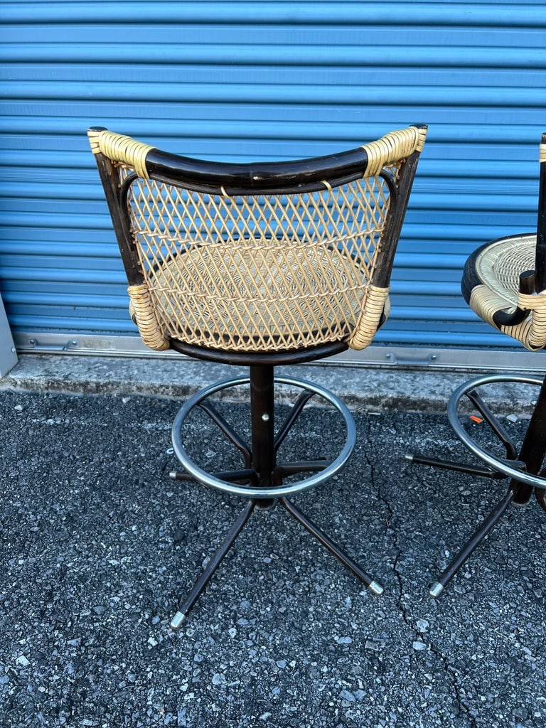 1970s Mid-Century Modern Black Metal & Wicker Barstools- a Pair - 2