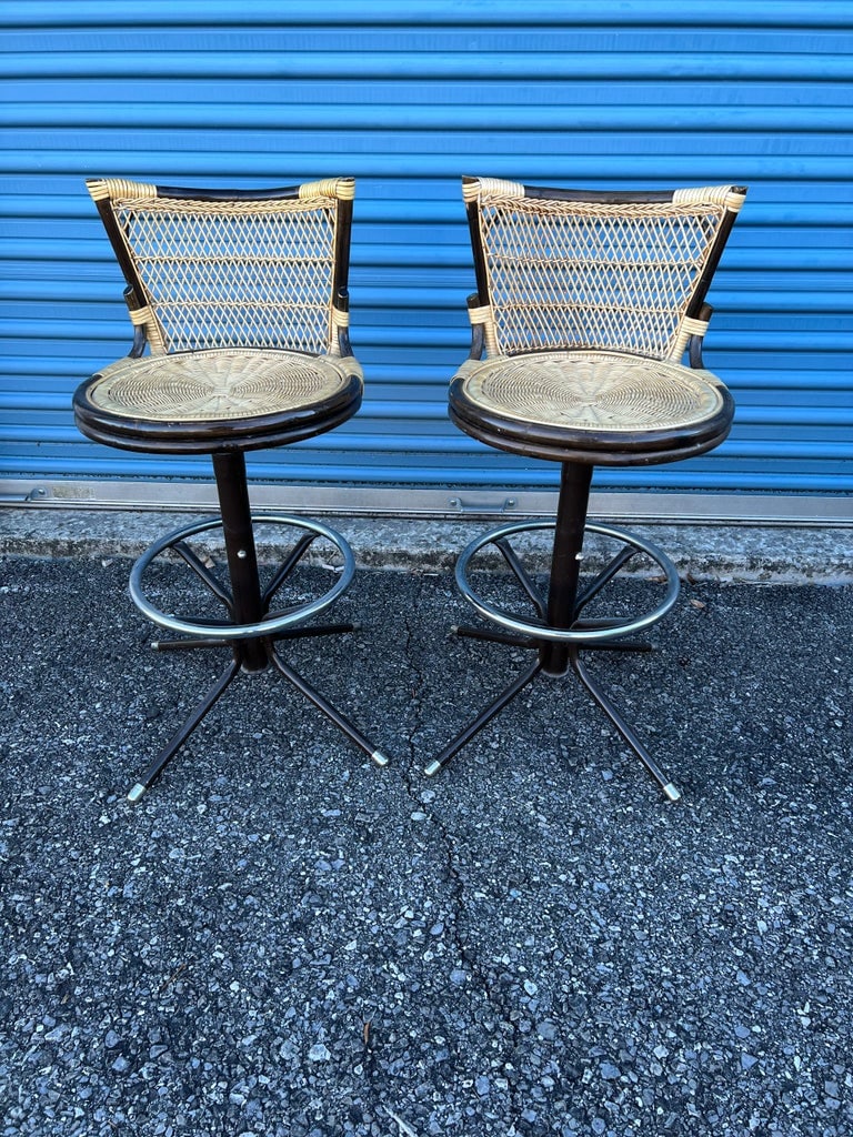 1970s Mid-Century Modern Black Metal & Wicker Barstools- a Pair - 7