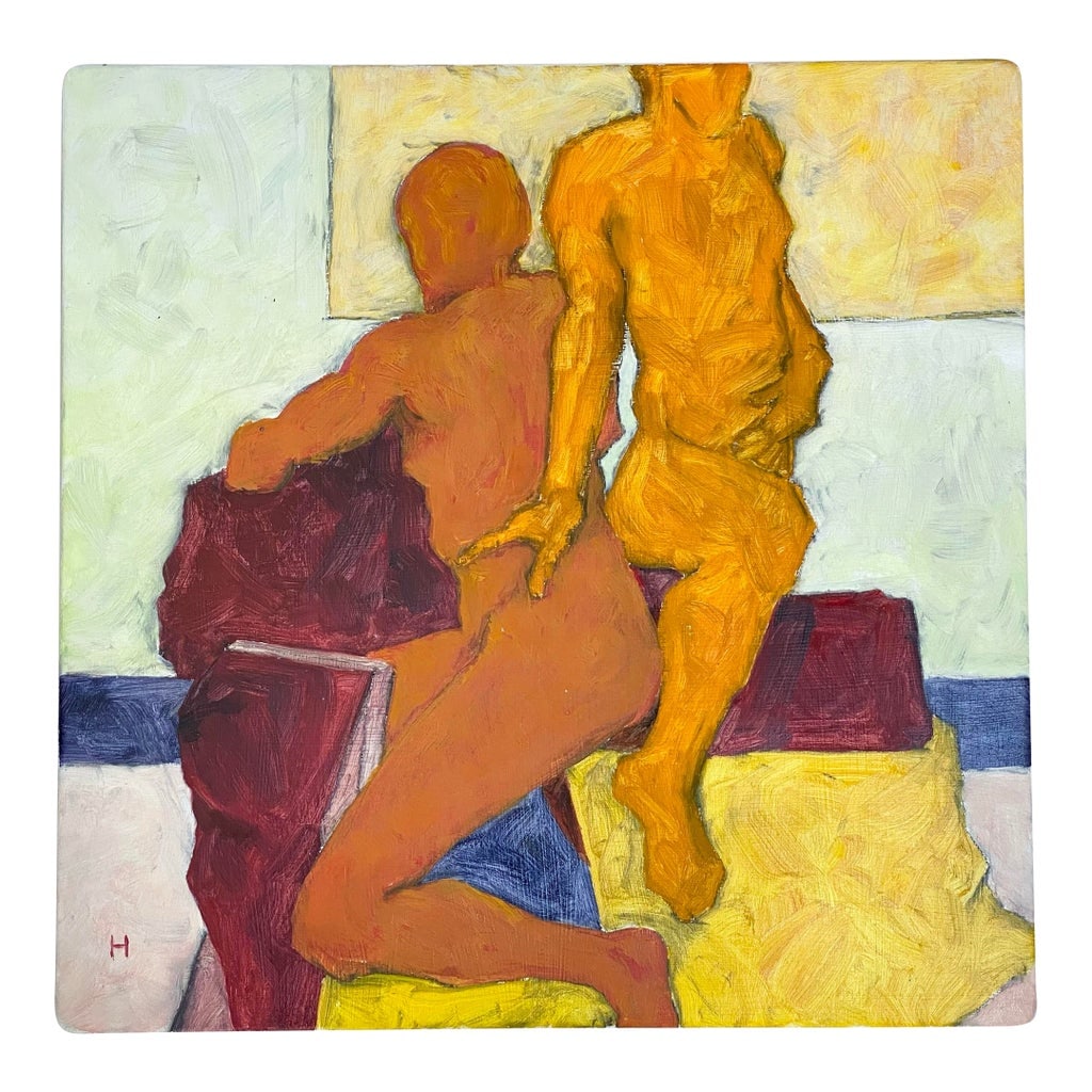 Abstract Oil on Masonite Painting of Two Male Nudes by Jon Hall 2010: Oil on Masonite painting of two abstract male nudes by Seattle artist and architect Jon Hall, 2010. Initialed/dated by the artist. Titled "Randy x 2" I think this would be fabulous in a vintage gold