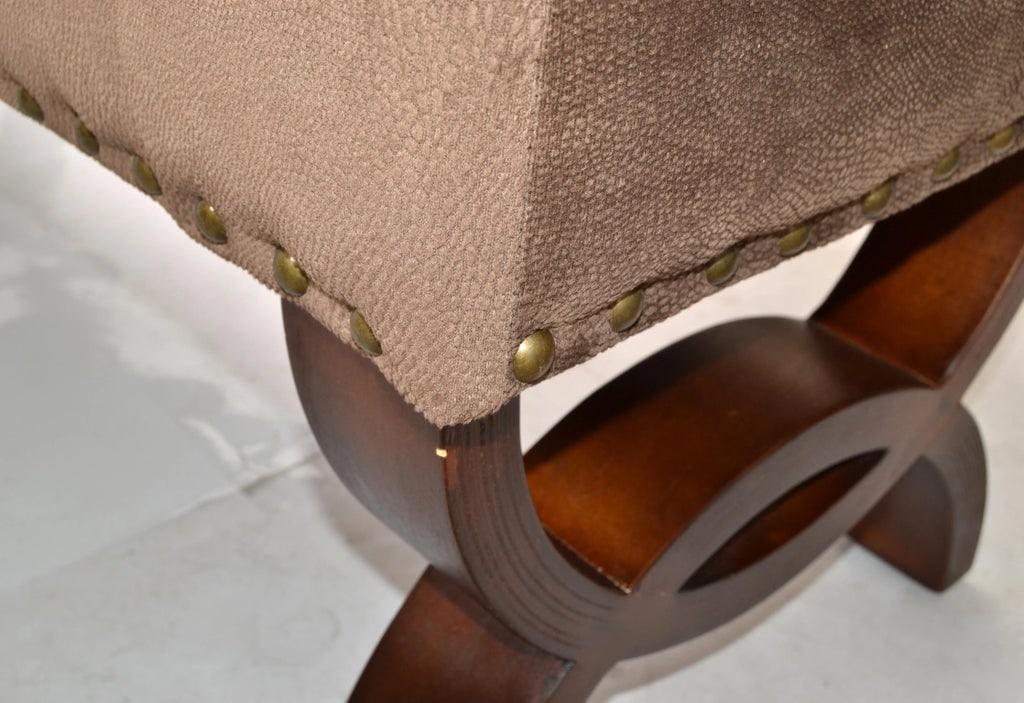 1990s Sculptural Hollywood Regency Style Bench Tufted Studded Microfiber Brown Fabric Upholstery - 10
