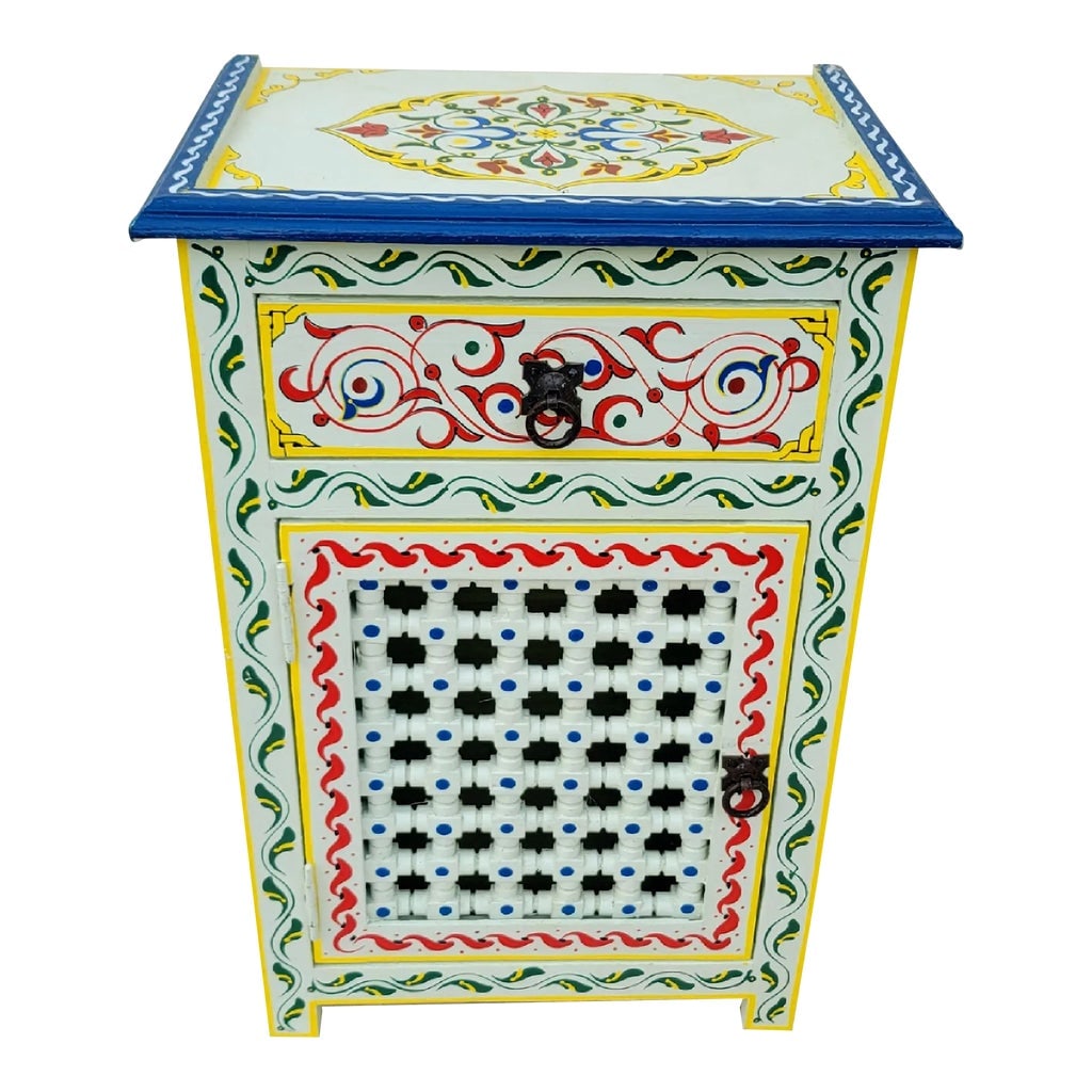 Moroccan Hand Painted Wooden Nightstand, Musharabi Beige II: Beautiful hand-painted nightstand from Morocco, measuring approximately 26" in height, 17" in width, and 12" in depth. This will be an exotic and colorful addition to your home or office decor.