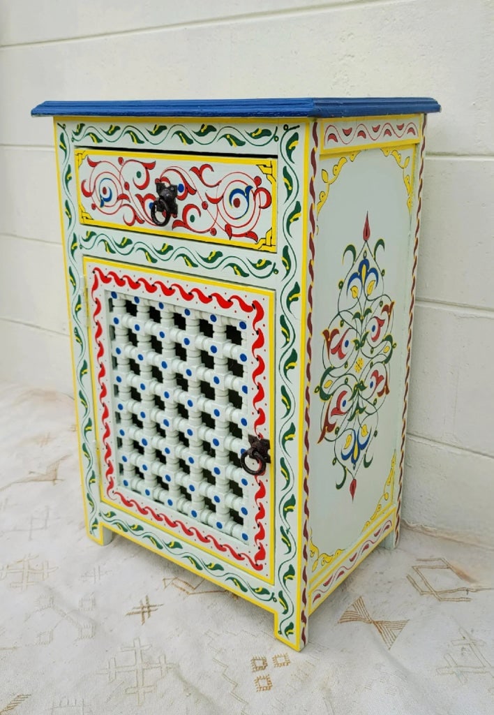 Moroccan Hand Painted Wooden Nightstand, Musharabi Beige II - 3
