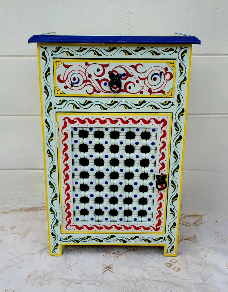Moroccan Hand Painted Wooden Nightstand, Musharabi Beige II - 5