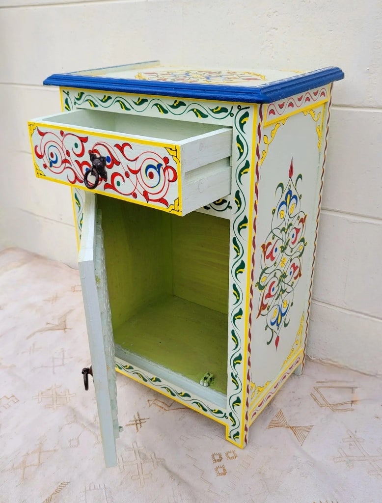 Moroccan Hand Painted Wooden Nightstand, Musharabi Beige II - 6