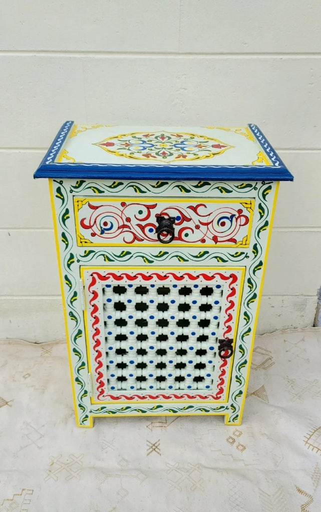 Moroccan Hand Painted Wooden Nightstand, Musharabi Beige II - 7