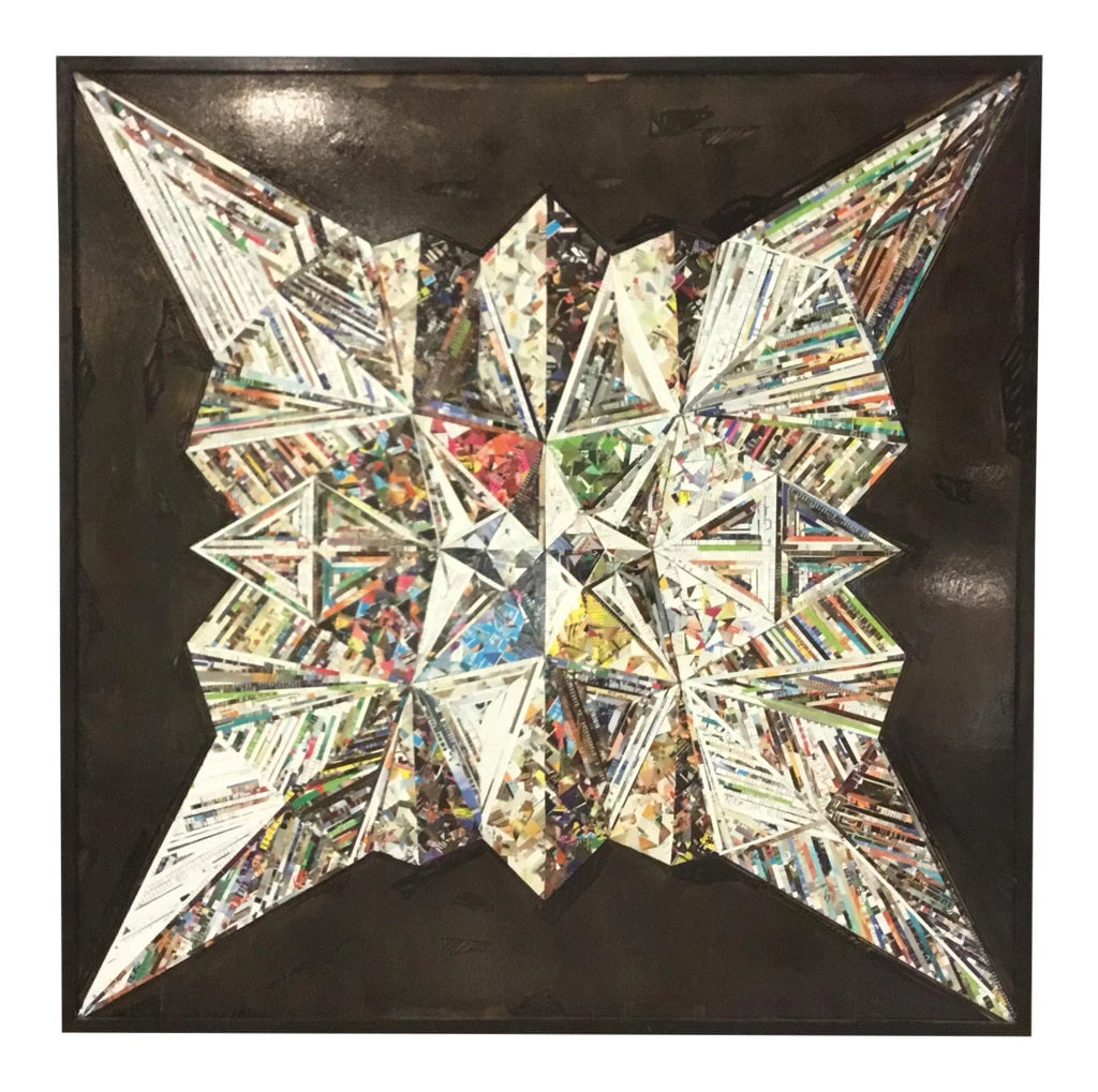 "Origami" By: Noelle Dumas Framed Mixed Media on a Board: Original Retail: $24,000, "Origami" By: Noelle Dumas Framed Mixed Media on a Board, collage made from magazine paper, original art, simple black wood picture frame Condition: Imperfections: Some Imper