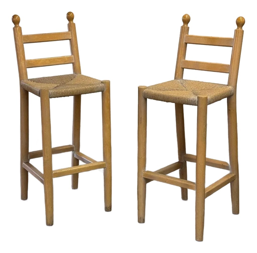 1960s Vintage Barstools With Finials - Pair: W16 D16 H43 SW15 SD14 SH29 Vintage Barstools in overall good condition in as found condtion. The pair shows to be sturdy with no breaks or chips. The finish is oringal and has some patina and minor sc
