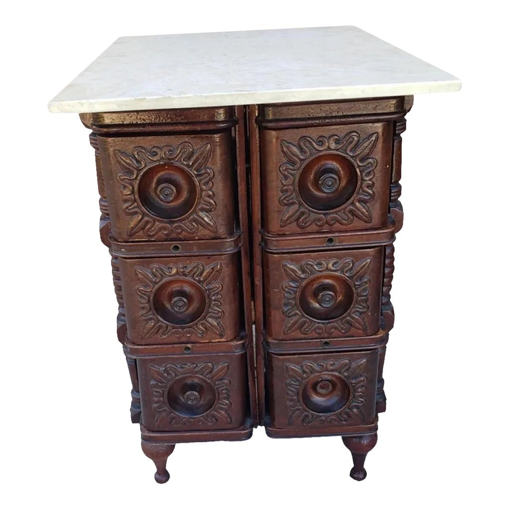Victorian Carved Oak Sewing Chest of Drawers, Card Filing or Apothecary Cabinet: Rare Antique Oak versatile use Sewing Drawers Solid Wooden 6 in Original Cabinet Case Drawer. Great drawer storage. Super for use as a riser for a lamp or other item that you want to lift visually in