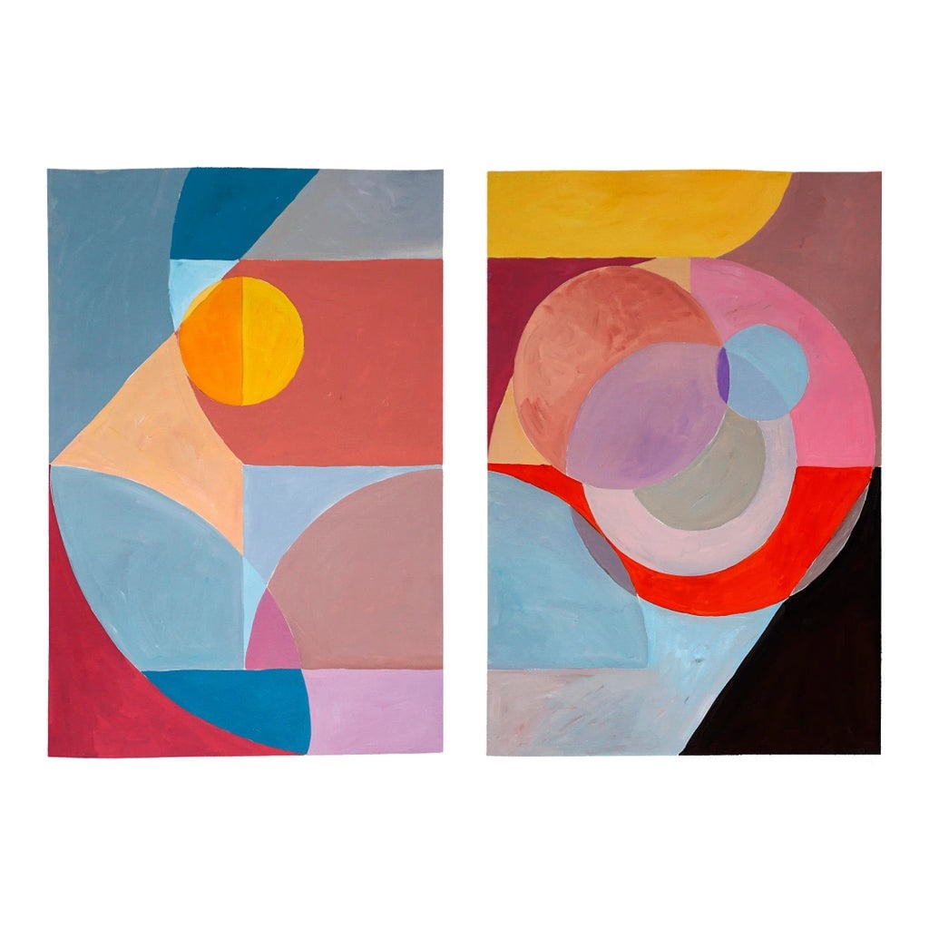2023 "Eclipse Reflection on a Building" Neo-Constructivist Modern Acrylic Painting on Watercolor Pap: These series of paintings by Natalia Roman gather their inspiration from geometric, minimalist shapes and paintings from the beginning of Modernism, with a special enthusiasm on astronomy and maths
