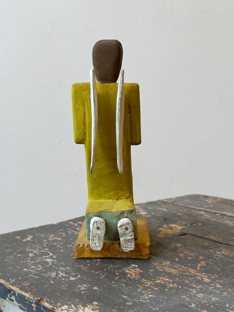 Vintage Folk Art Carved + Painted Wood Figure Praying to Flower by Zenon Miczolek, Circa 1990s - 10