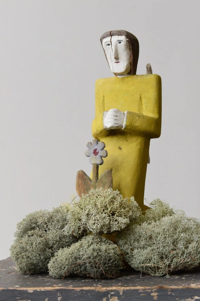 Vintage Folk Art Carved + Painted Wood Figure Praying to Flower by Zenon Miczolek, Circa 1990s - 2