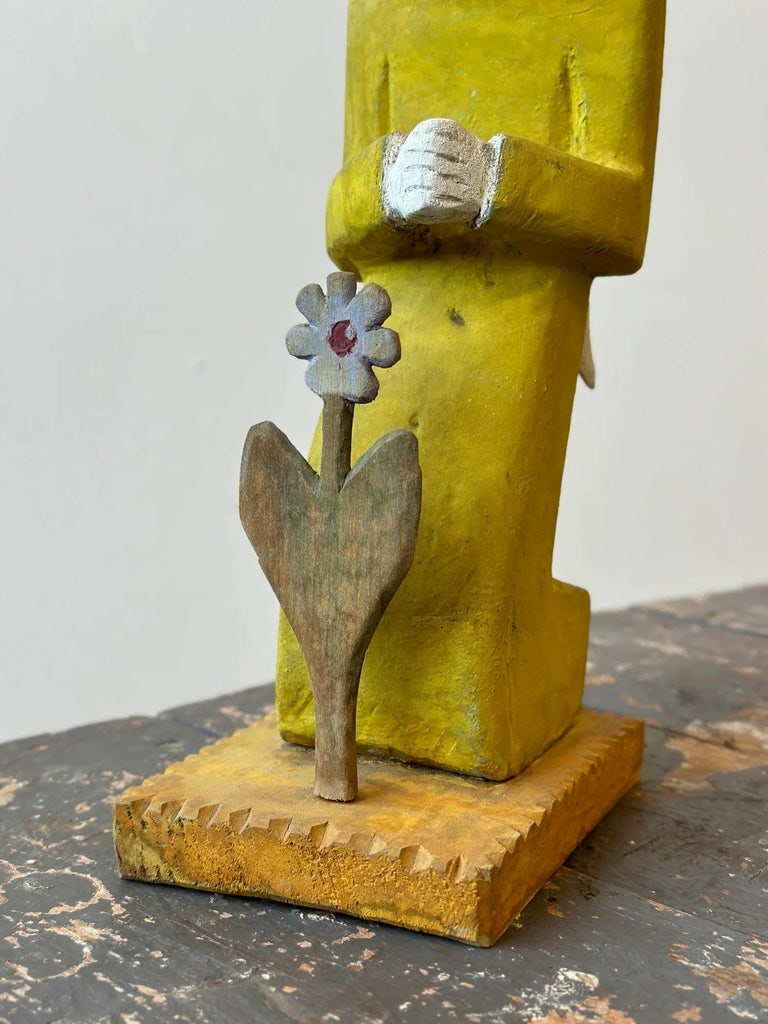 Vintage Folk Art Carved + Painted Wood Figure Praying to Flower by Zenon Miczolek, Circa 1990s - 3