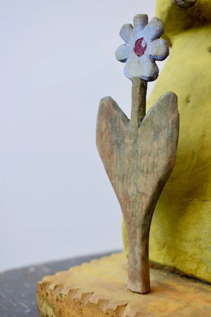 Vintage Folk Art Carved + Painted Wood Figure Praying to Flower by Zenon Miczolek, Circa 1990s - 4