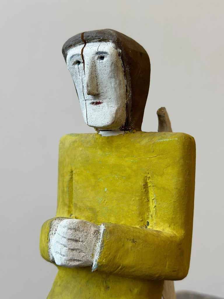 Vintage Folk Art Carved + Painted Wood Figure Praying to Flower by Zenon Miczolek, Circa 1990s - 5